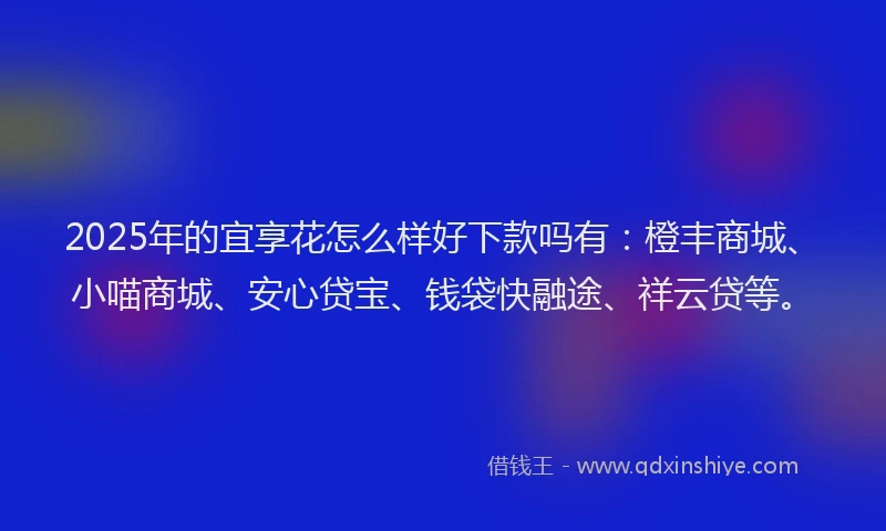 2025年的宜享花怎么样好下款吗有：橙丰商城、小喵商城、安心贷宝、钱袋快融途、祥云贷等。