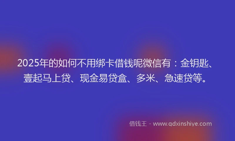 2025年的如何不用绑卡借钱呢微信有：金钥匙、壹起马上贷、现金易贷盒、多米、急速贷等。