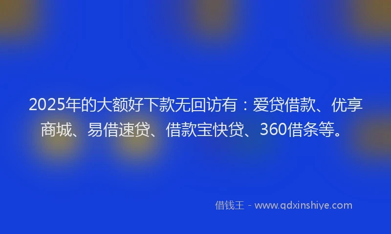 2025年的大额好下款无回访有：爱贷借款、优享商城、易借速贷、借款宝快贷、360借条等。