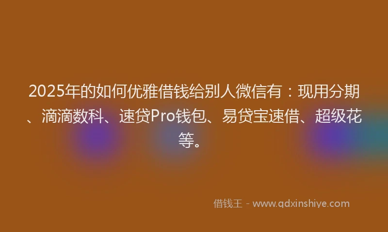 2025年的如何优雅借钱给别人微信有：现用分期、滴滴数科、速贷Pro钱包、易贷宝速借、超级花等。