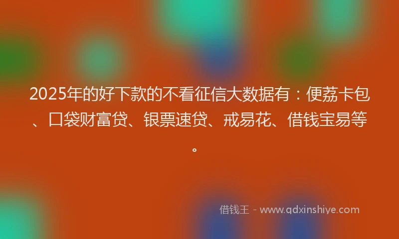 2025年的好下款的不看征信大数据有：便荔卡包、口袋财富贷、银票速贷、戒易花、借钱宝易等。