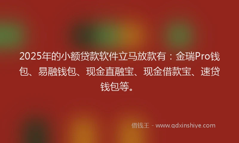 2025年的小额贷款软件立马放款有：金瑞Pro钱包、易融钱包、现金直融宝、现金借款宝、速贷钱包等。