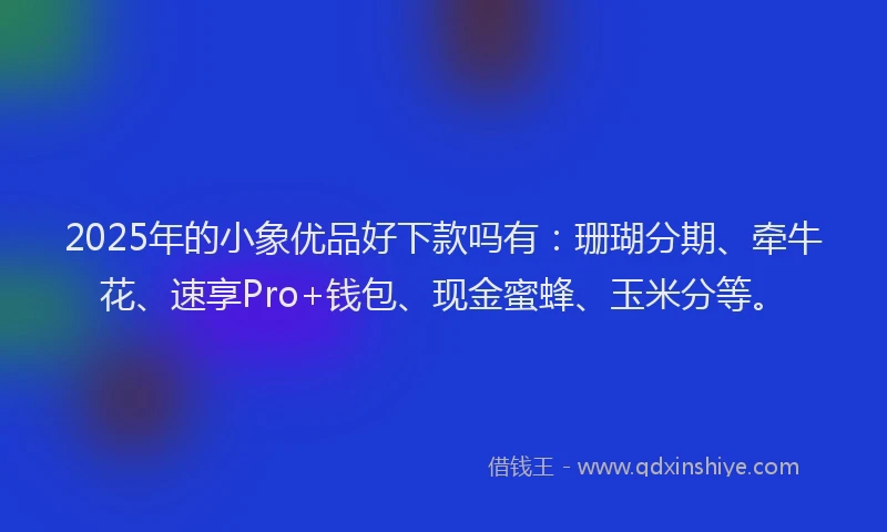 2025年的小象优品好下款吗有：珊瑚分期、牵牛花、速享Pro+钱包、现金蜜蜂、玉米分等。