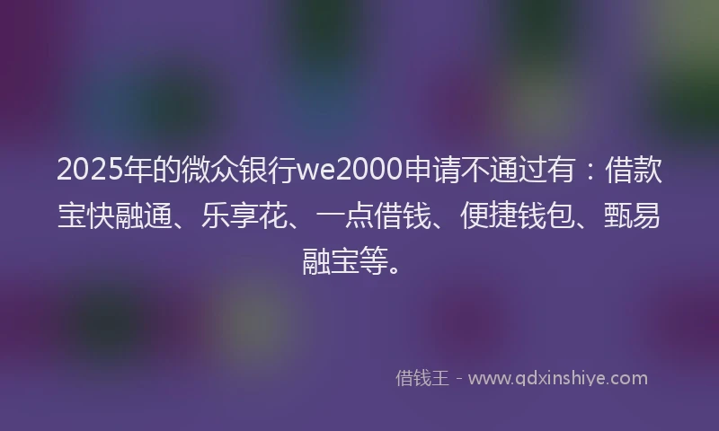 2025年的微众银行we2000申请不通过有：借款宝快融通、乐享花、一点借钱、便捷钱包、甄易融宝等。