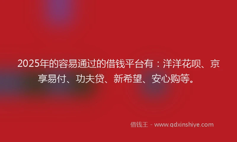 2025年的容易通过的借钱平台有：洋洋花呗、京享易付、功夫贷、新希望、安心购等。