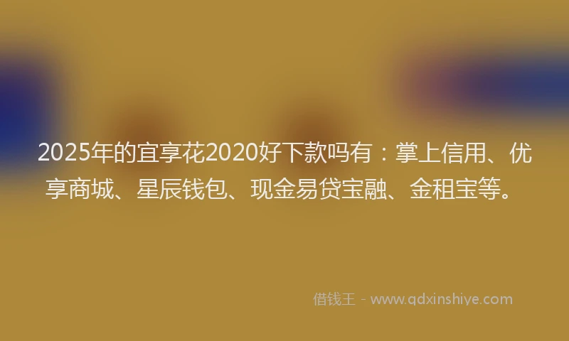 2025年的宜享花2020好下款吗有：掌上信用、优享商城、星辰钱包、现金易贷宝融、金租宝等。