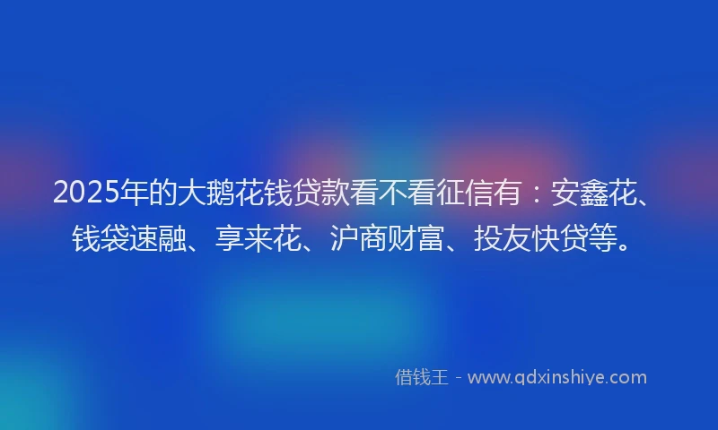 2025年的大鹅花钱贷款看不看征信有：安鑫花、钱袋速融、享来花、沪商财富、投友快贷等。