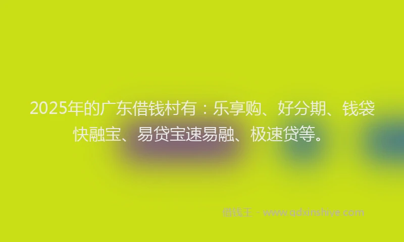 2025年的广东借钱村有：乐享购、好分期、钱袋快融宝、易贷宝速易融、极速贷等。
