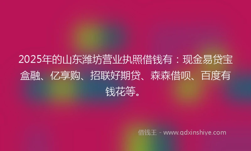 2025年的山东潍坊营业执照借钱有：现金易贷宝盒融、亿享购、招联好期贷、森森借呗、百度有钱花等。