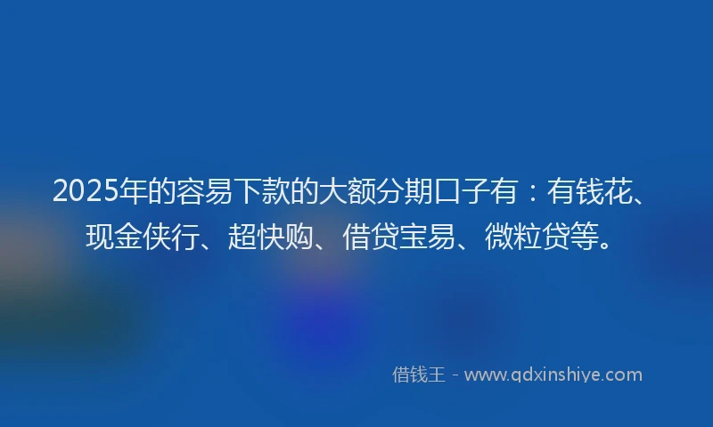 2025年的容易下款的大额分期口子有：有钱花、现金侠行、超快购、借贷宝易、微粒贷等。