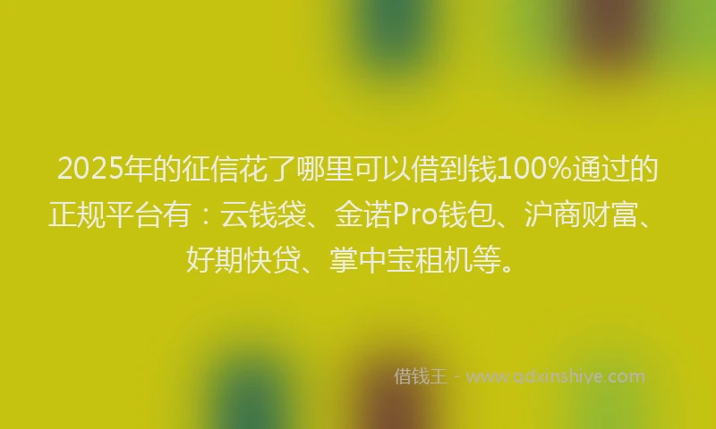 2025年的征信花了哪里可以借到钱100%通过的正规平台有：云钱袋、金诺Pro钱包、沪商财富、好期快贷、掌中宝租机等。