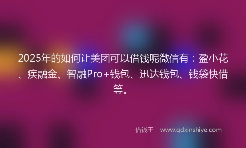 2025年的如何让美团可以借钱呢微信有：盈小花、疾融金、智融Pro+钱包、迅达钱包、钱袋快借等。