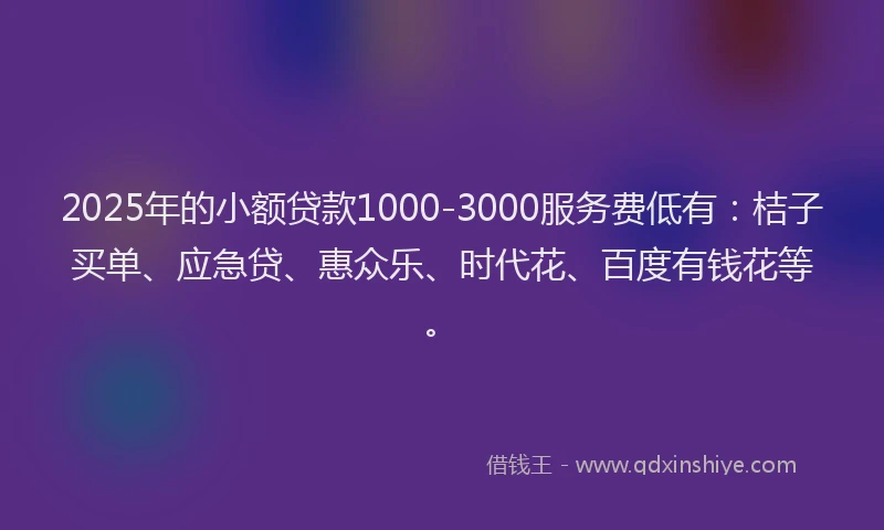 2025年的小额贷款1000-3000服务费低有：桔子买单、应急贷、惠众乐、时代花、百度有钱花等。