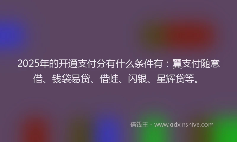 2025年的开通支付分有什么条件有：翼支付随意借、钱袋易贷、借蛙、闪银、星辉贷等。
