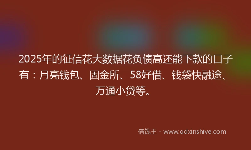 2025年的征信花大数据花负债高还能下款的口子有：月亮钱包、固金所、58好借、钱袋快融途、万通小贷等。