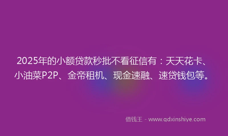 2025年的小额贷款秒批不看征信有：天天花卡、小油菜P2P、金帝租机、现金速融、速贷钱包等。