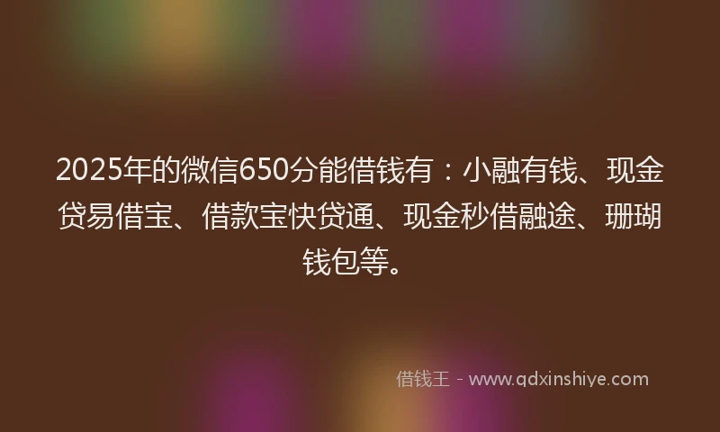 2025年的微信650分能借钱有：小融有钱、现金贷易借宝、借款宝快贷通、现金秒借融途、珊瑚钱包等。
