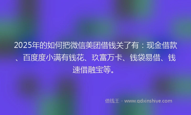 2025年的如何把微信美团借钱关了有：现金借款、百度度小满有钱花、玖富万卡、钱袋易借、钱速借融宝等。