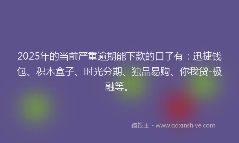 2025年的当前严重逾期能下款的口子有：迅捷钱包、积木盒子、时光分期、独品易购、你我贷-极融等。