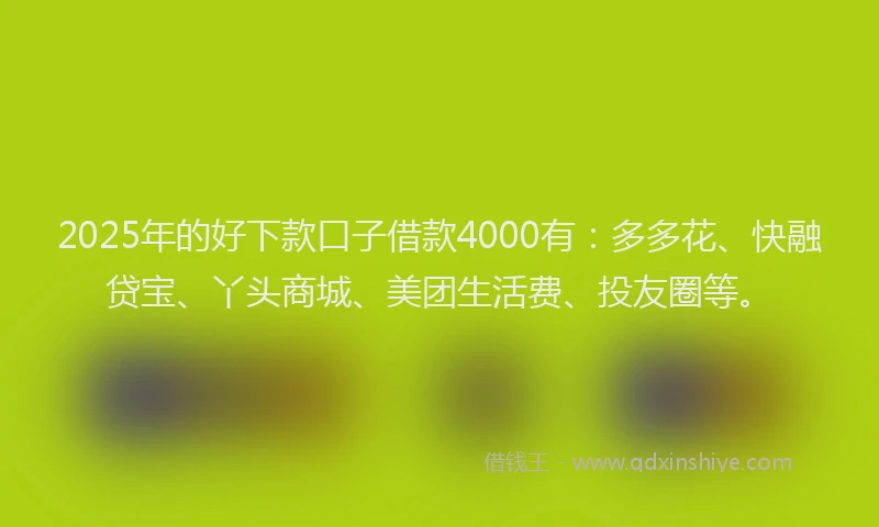 2025年的好下款口子借款4000有：多多花、快融贷宝、丫头商城、美团生活费、投友圈等。