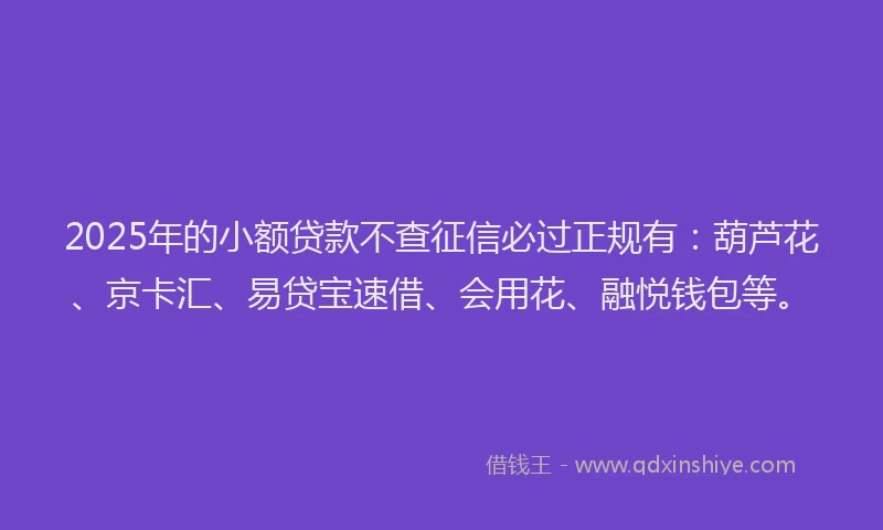 2025年的小额贷款不查征信必过正规有：葫芦花、京卡汇、易贷宝速借、会用花、融悦钱包等。