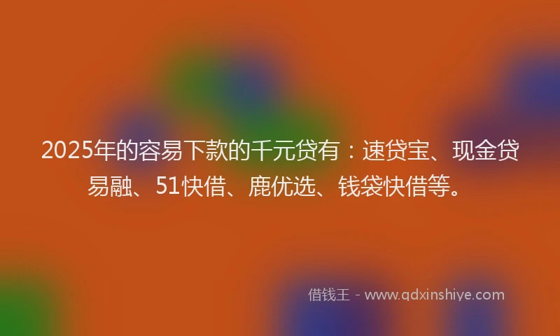 2025年的容易下款的千元贷有：速贷宝、现金贷易融、51快借、鹿优选、钱袋快借等。