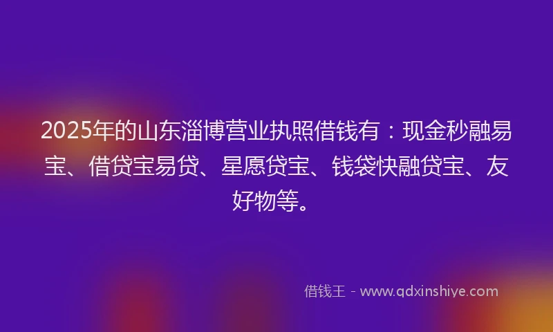 2025年的山东淄博营业执照借钱有：现金秒融易宝、借贷宝易贷、星愿贷宝、钱袋快融贷宝、友好物等。