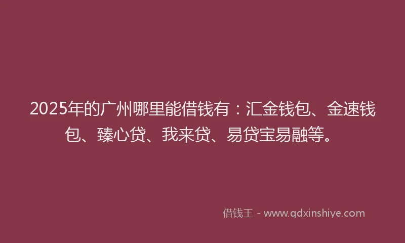 2025年的广州哪里能借钱有：汇金钱包、金速钱包、臻心贷、我来贷、易贷宝易融等。