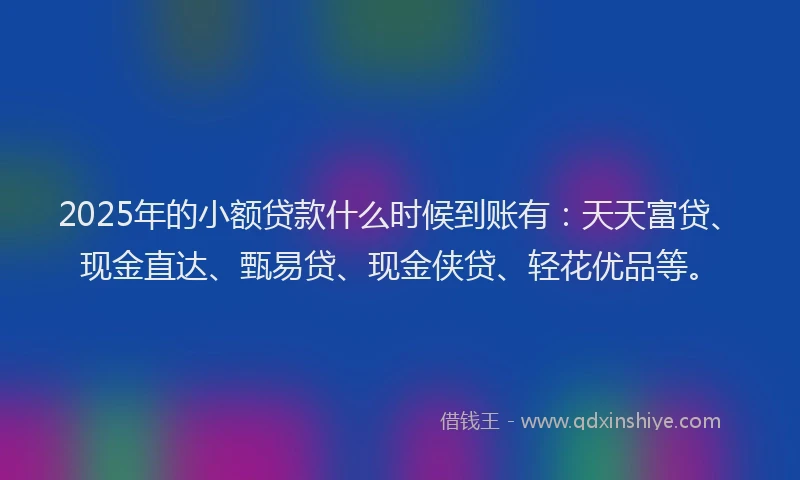 2025年的小额贷款什么时候到账有：天天富贷、现金直达、甄易贷、现金侠贷、轻花优品等。