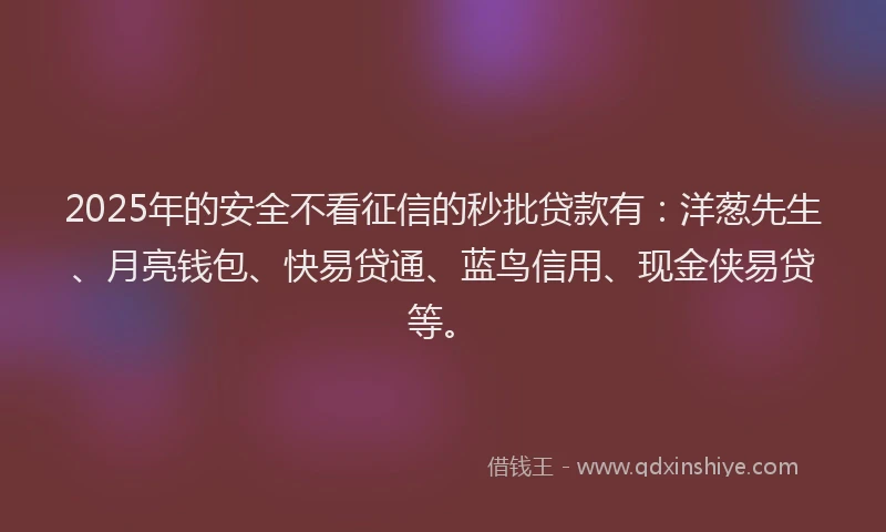 2025年的安全不看征信的秒批贷款有：洋葱先生、月亮钱包、快易贷通、蓝鸟信用、现金侠易贷等。
