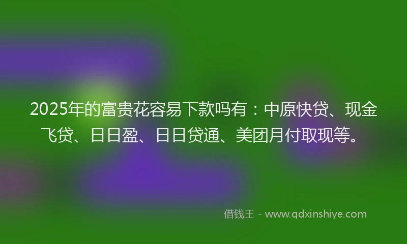 2025年的富贵花容易下款吗有：中原快贷、现金飞贷、日日盈、日日贷通、美团月付取现等。