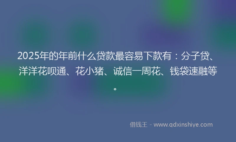 2025年的年前什么贷款最容易下款有：分子贷、洋洋花呗通、花小猪、诚信一周花、钱袋速融等。
