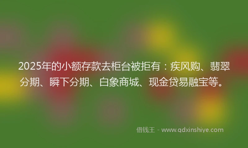 2025年的小额存款去柜台被拒有：疾风购、翡翠分期、瞬下分期、白象商城、现金贷易融宝等。