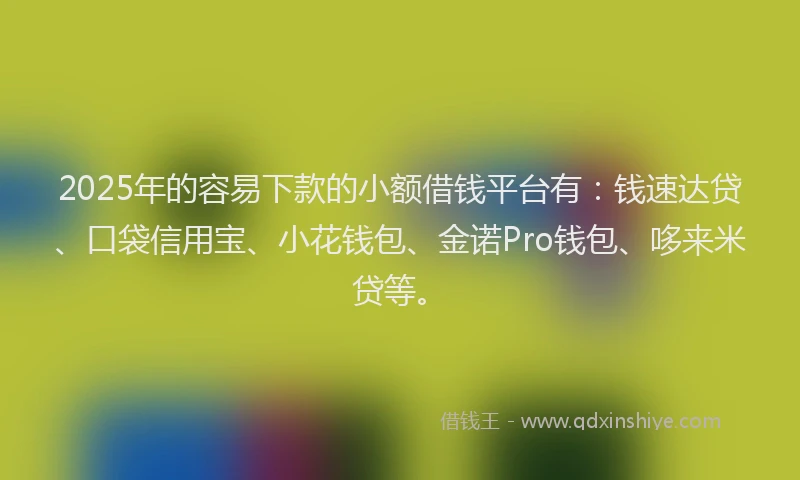 2025年的容易下款的小额借钱平台有：钱速达贷、口袋信用宝、小花钱包、金诺Pro钱包、哆来米贷等。