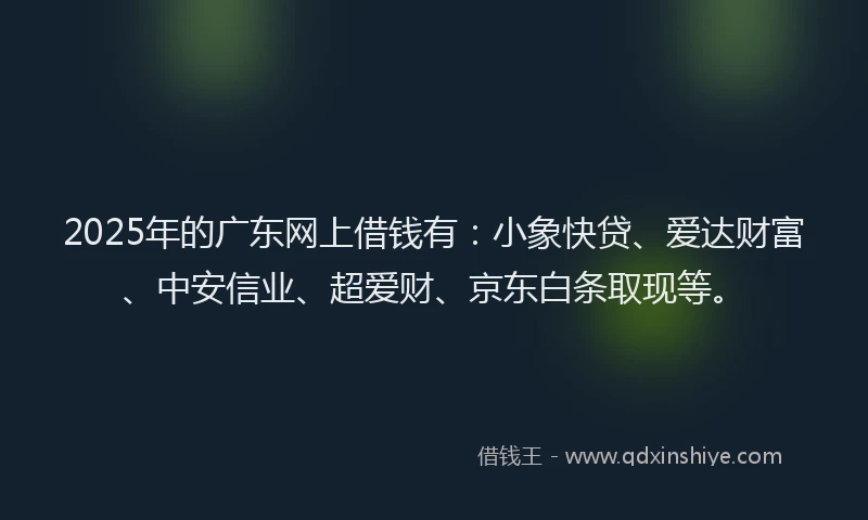 2025年的广东网上借钱有：小象快贷、爱达财富、中安信业、超爱财、京东白条取现等。