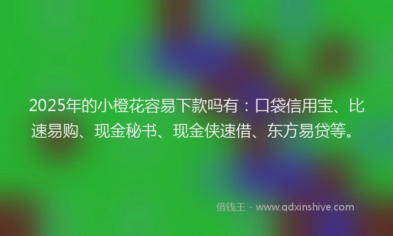 2025年的小橙花容易下款吗有：口袋信用宝、比速易购、现金秘书、现金侠速借、东方易贷等。