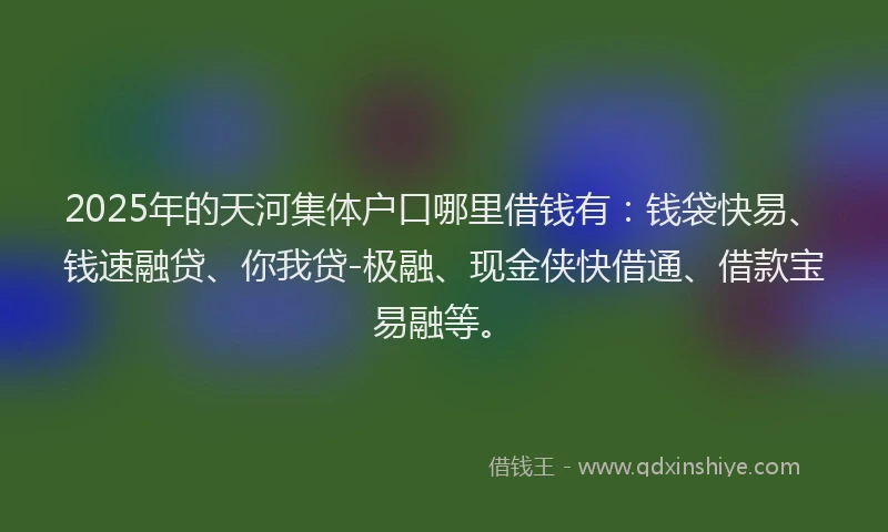 2025年的天河集体户口哪里借钱有：钱袋快易、钱速融贷、你我贷-极融、现金侠快借通、借款宝易融等。