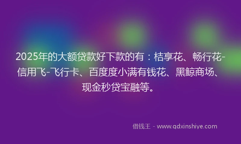 2025年的大额贷款好下款的有：桔享花、畅行花-信用飞-飞行卡、百度度小满有钱花、黑鲸商场、现金秒贷宝融等。