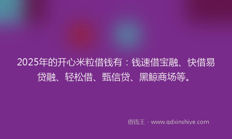 2025年的开心米粒借钱有：钱速借宝融、快借易贷融、轻松借、甄信贷、黑鲸商场等。