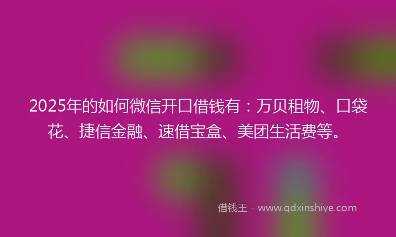 2025年的如何微信开口借钱有：万贝租物、口袋花、捷信金融、速借宝盒、美团生活费等。