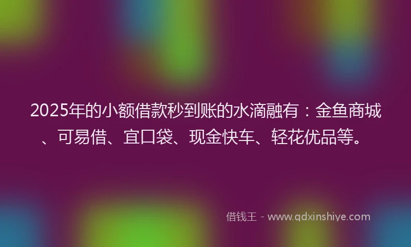 2025年的小额借款秒到账的水滴融有：金鱼商城、可易借、宜口袋、现金快车、轻花优品等。