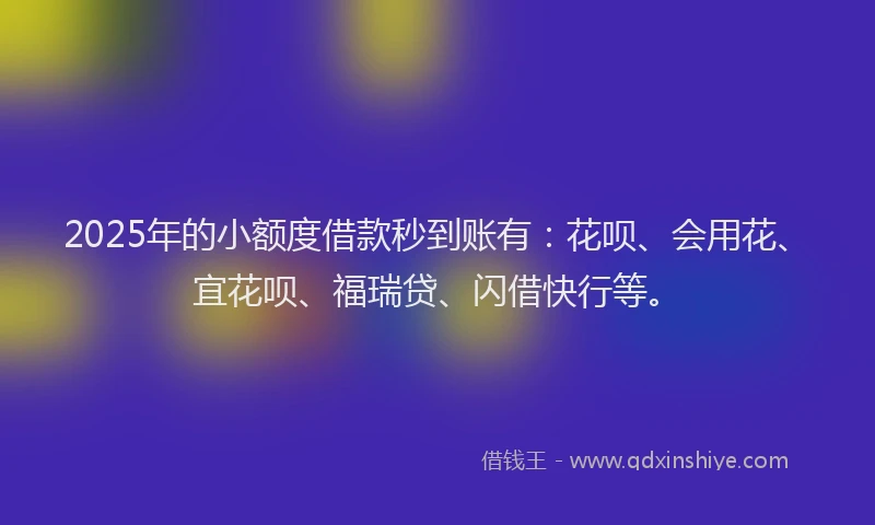 2025年的小额度借款秒到账有：花呗、会用花、宜花呗、福瑞贷、闪借快行等。