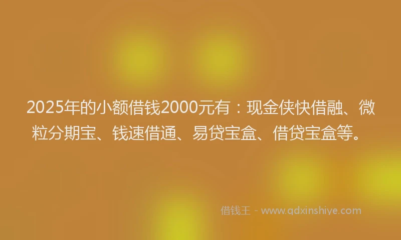 2025年的小额借钱2000元有：现金侠快借融、微粒分期宝、钱速借通、易贷宝盒、借贷宝盒等。