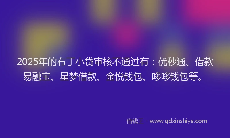 2025年的布丁小贷审核不通过有：优秒通、借款易融宝、星梦借款、金悦钱包、哆哆钱包等。