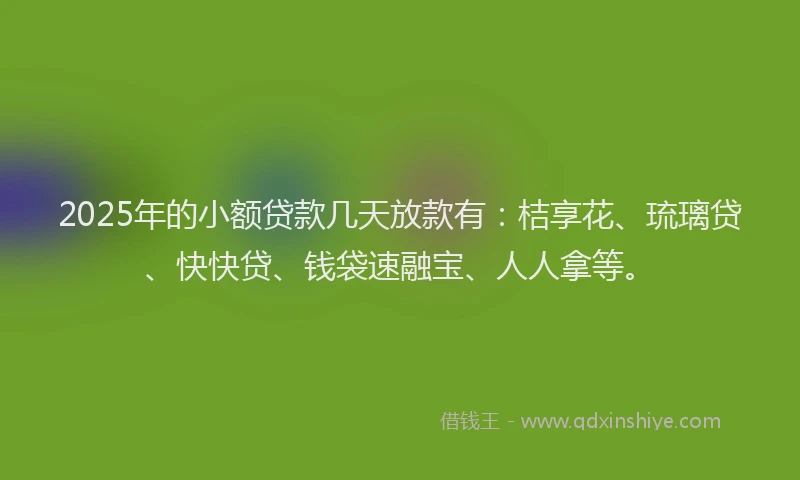 2025年的小额贷款几天放款有：桔享花、琉璃贷、快快贷、钱袋速融宝、人人拿等。