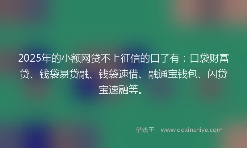 2025年的小额网贷不上征信的口子有：口袋财富贷、钱袋易贷融、钱袋速借、融通宝钱包、闪贷宝速融等。