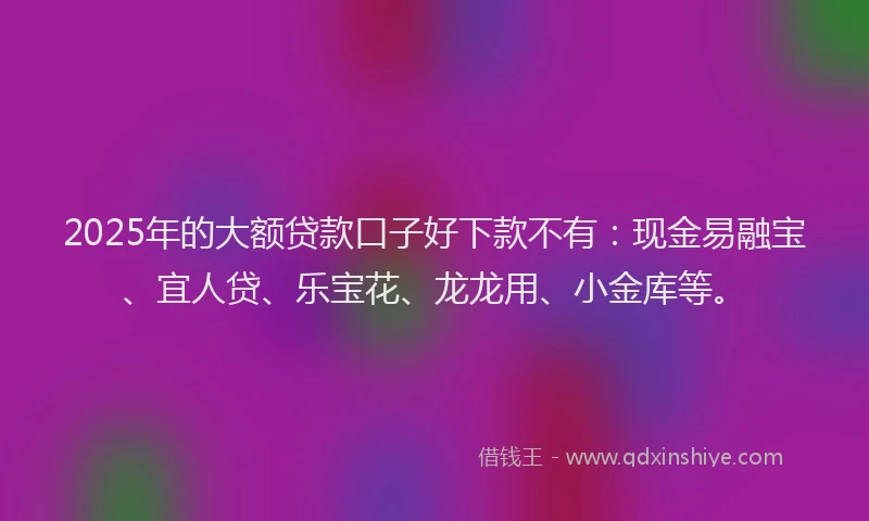 2025年的大额贷款口子好下款不有：现金易融宝、宜人贷、乐宝花、龙龙用、小金库等。