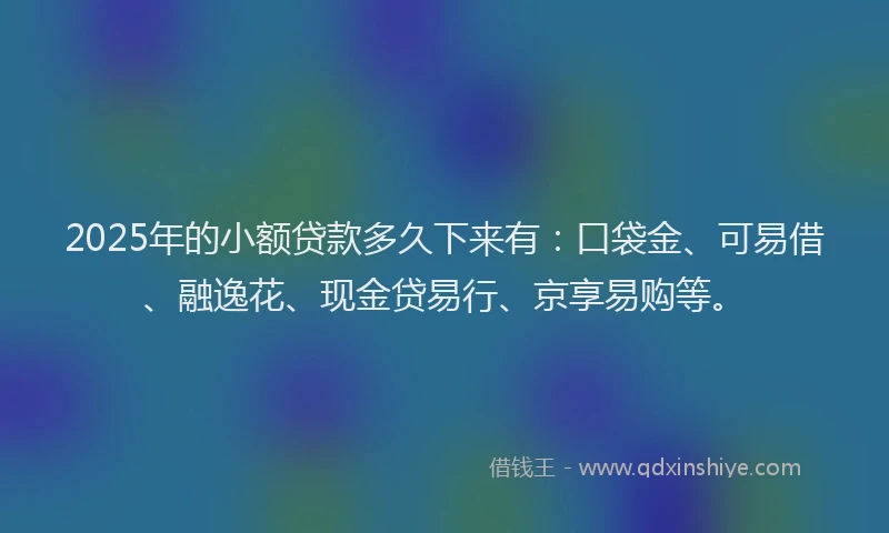 2025年的小额贷款多久下来有：口袋金、可易借、融逸花、现金贷易行、京享易购等。