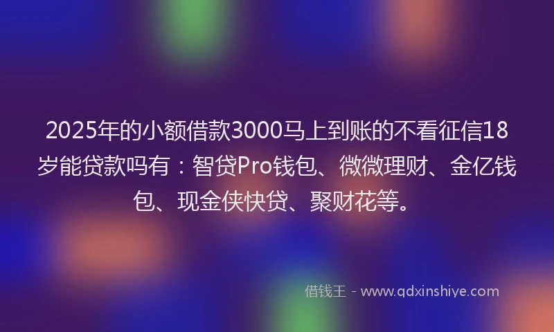 2025年的小额借款3000马上到账的不看征信18岁能贷款吗有：智贷Pro钱包、微微理财、金亿钱包、现金侠快贷、聚财花等。