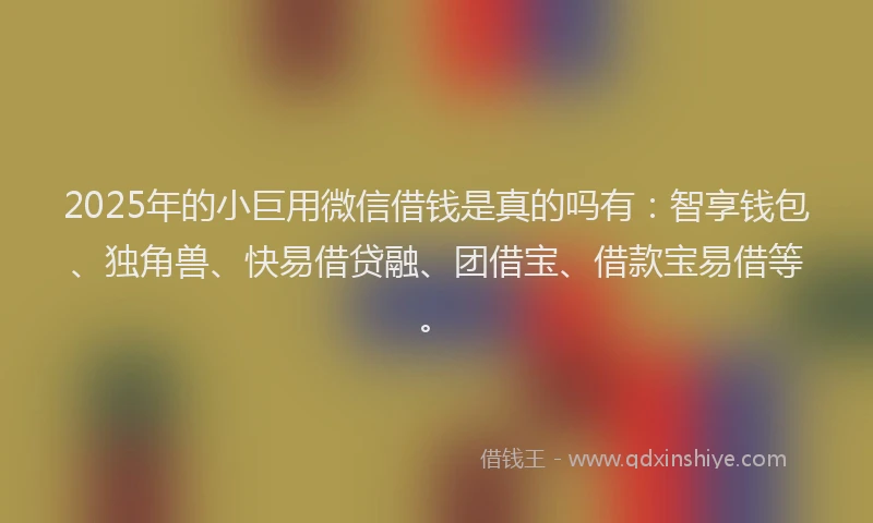 2025年的小巨用微信借钱是真的吗有：智享钱包、独角兽、快易借贷融、团借宝、借款宝易借等。